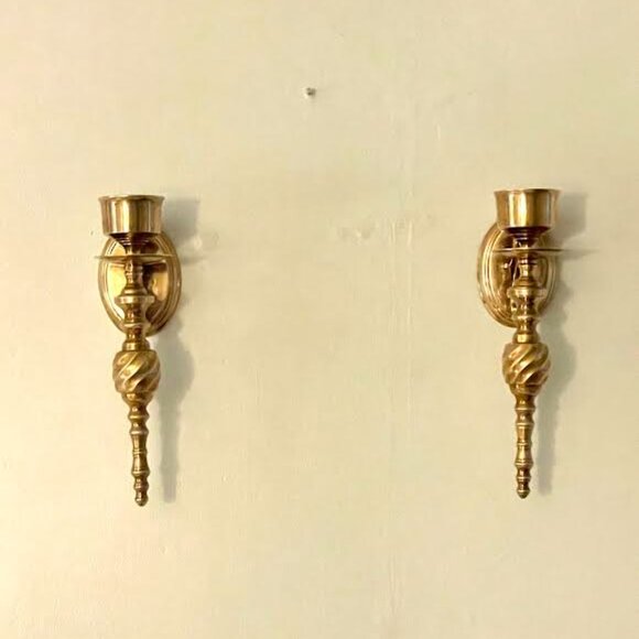 Pair of Vintage Gold Brass Wall Sconce  Candle Holder, Taper Candle Wall Decor - Picture 4 of 14